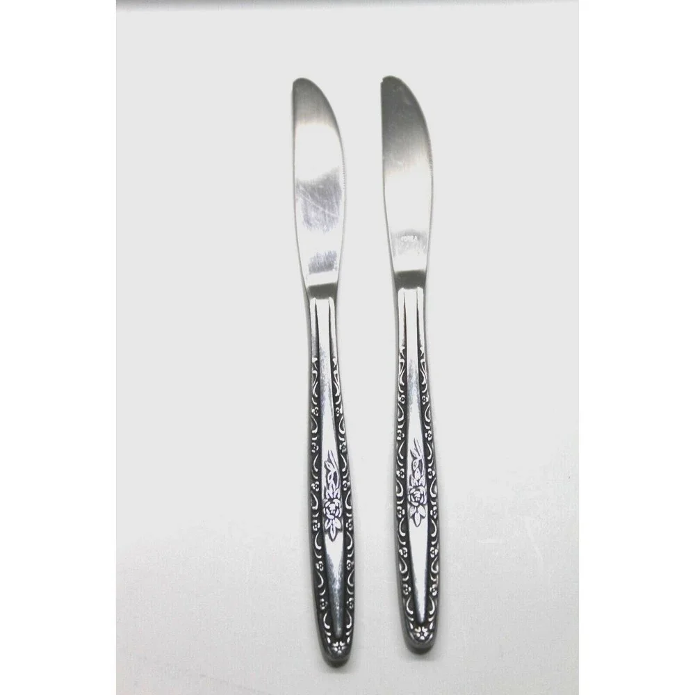 Interpur INR3 Single Rose Vine Pattern Dinner Knives Stainless Steel Korea Lot 2